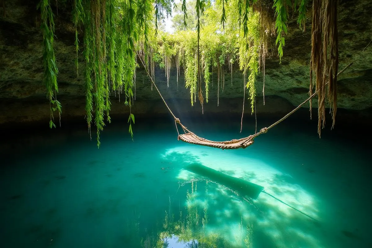 Cenote Oxmán with hanging vines and rope swing over crystal-clear turquoise water at Hacienda San Lorenzo