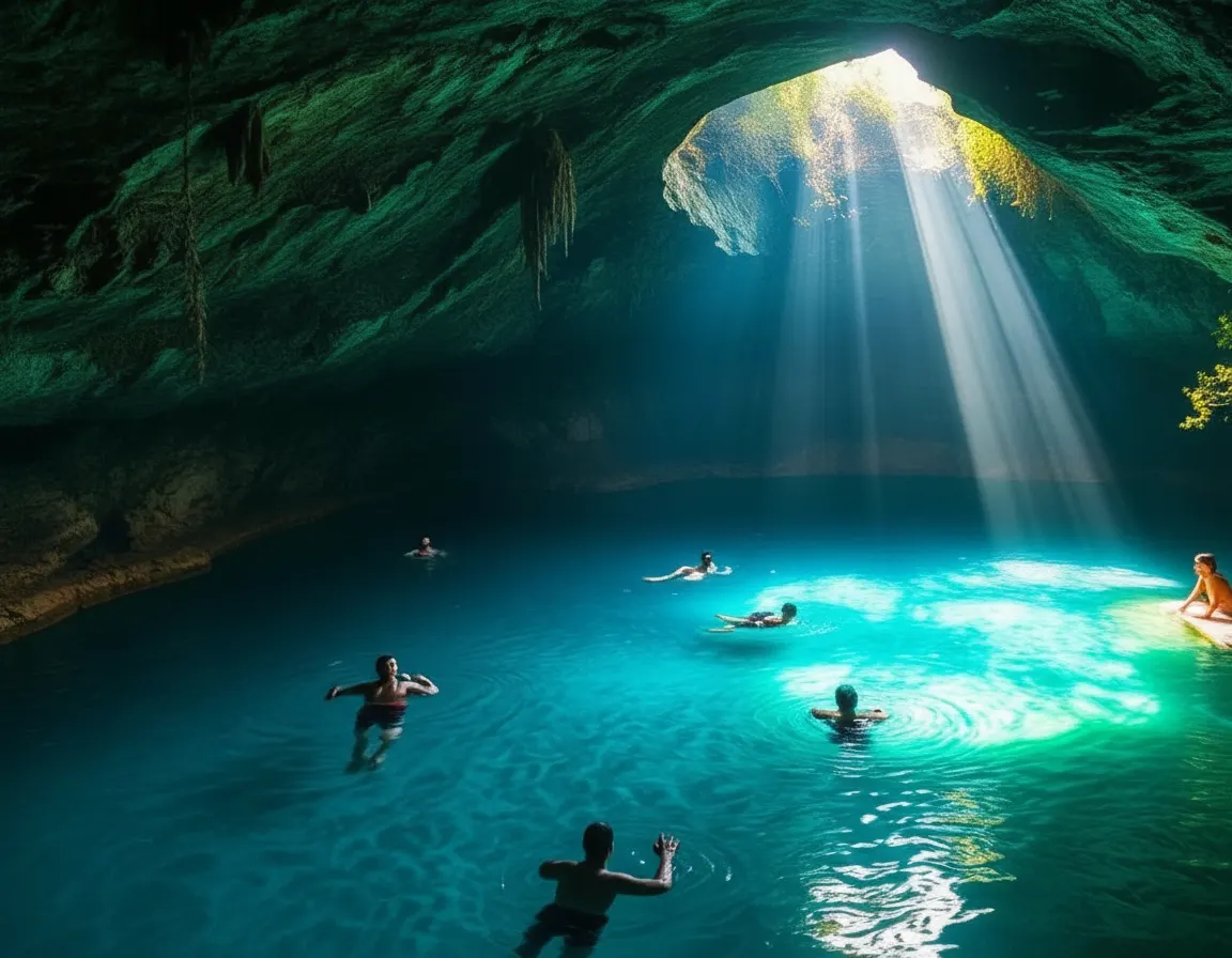Swimming in sacred cenote near Chichen Itza on guided combo tour