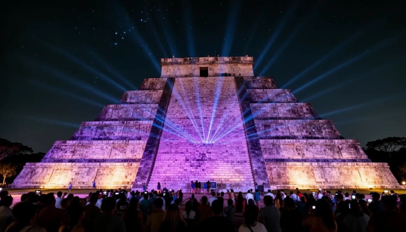 El Castillo pyramid illuminated with colorful projections during Noches de Kukulkán light show