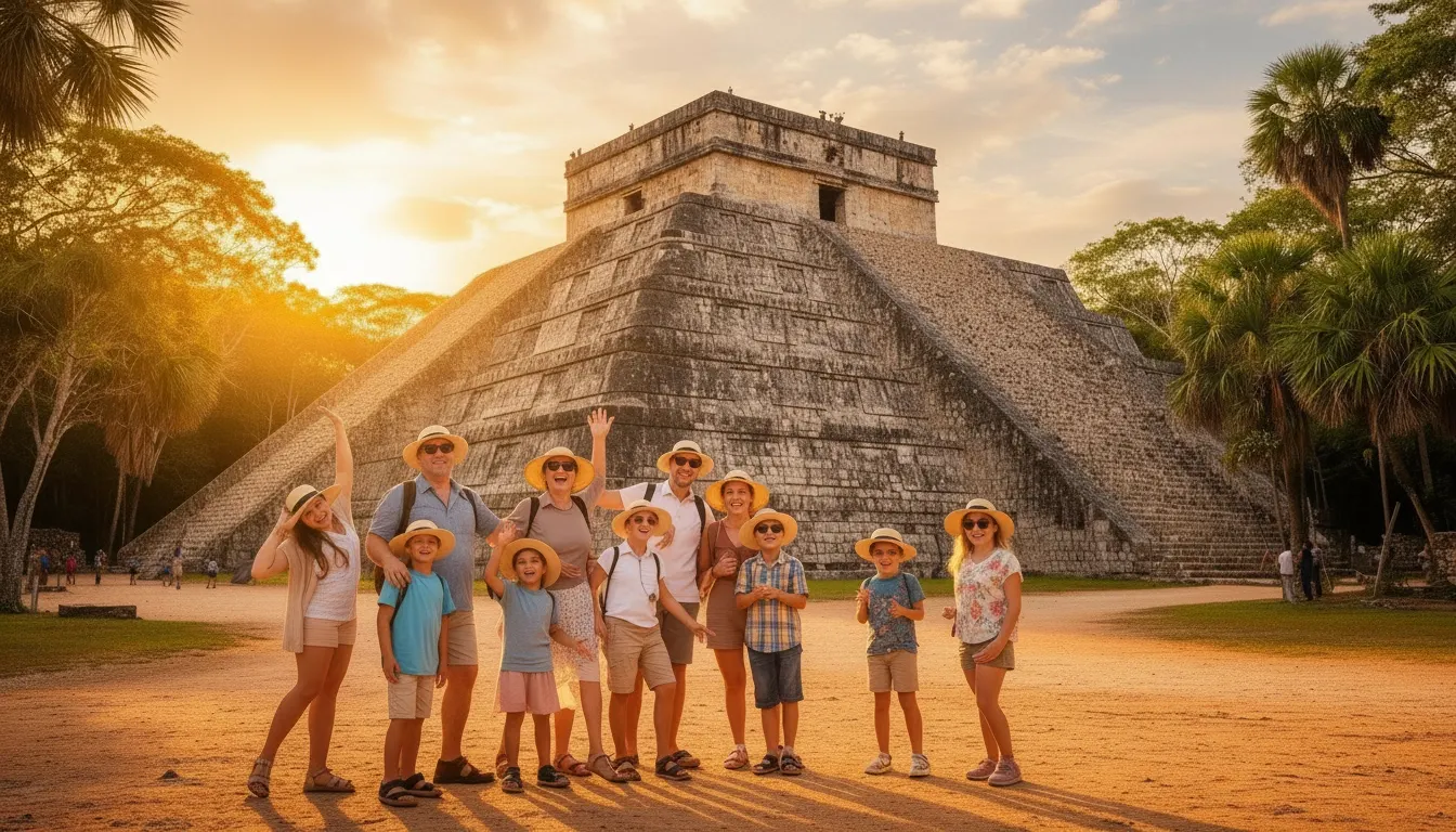 Family exploring Chichen Itza archaeological site with children