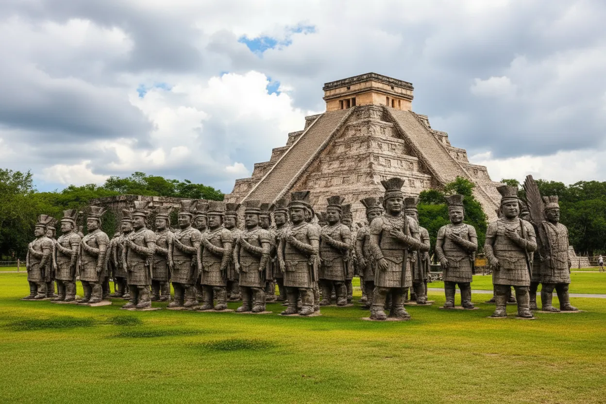 Temple of Warriors at Chichen Itza surrounded by carved columns depicting Mayan warriors