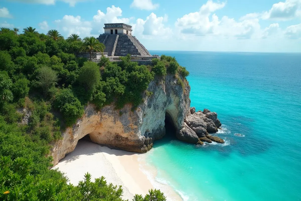 Tulum ruins overlooking the Caribbean Sea — shortest route to Chichen Itza